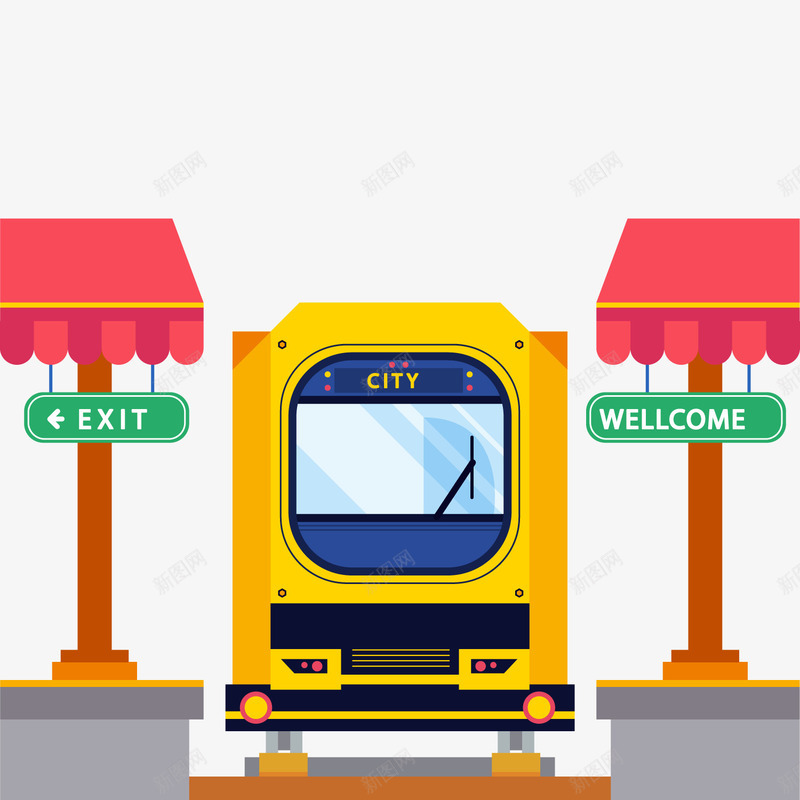 创意火车站站台png免抠素材_88icon https://88icon.com 卡通火车 火车站台 背景装饰 黄色火车