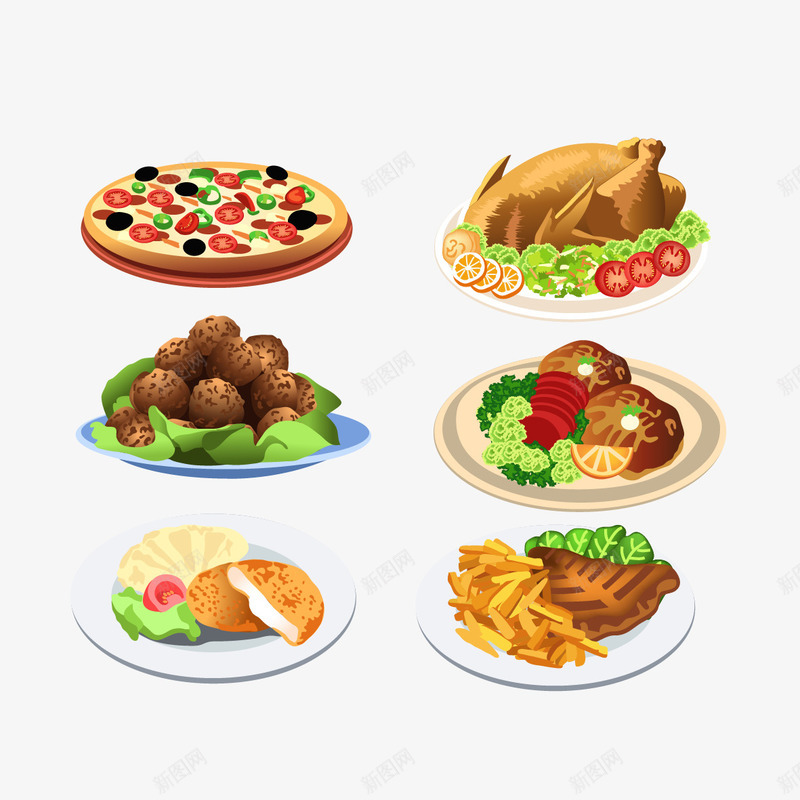 美食矢量图ai免抠素材_88icon https://88icon.com 丸子 披萨 美食 鸡肉 矢量图