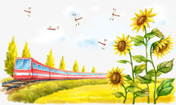 火车与向日葵素材