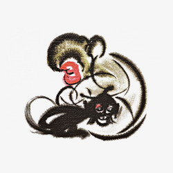 抓痒中国风水墨两只猴子抓痒插画高清图片