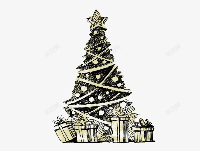 圣诞佳节png免抠素材_88icon https://88icon.com 圣诞树 手绘 黑白色