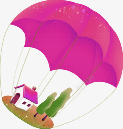 玫红色卡通热气球房子装饰图案素材