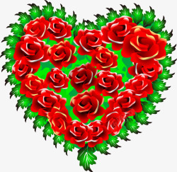 手绘绿叶红色玫瑰心形素材