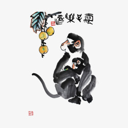 生肖乐中国风水墨画猴子母子乐高清图片
