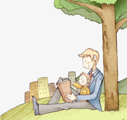 卡通树下看书的父子素材