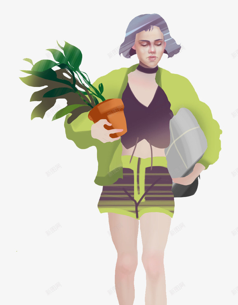 手绘抱着花盆植物的女人png免抠素材_88icon https://88icon.com 人物手绘图案 手绘人物图 抱着植物的女人 抱着花盆的人