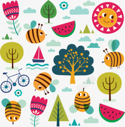 卡通手绘的有趣蜜蜂自行车树素材