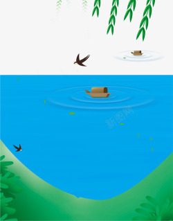 蓝色清新春季池塘海报背景素材