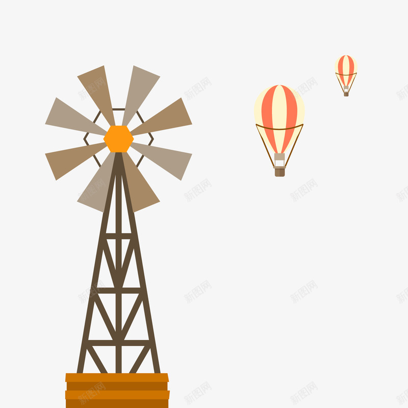 卡通风车与热气球png免抠素材_88icon https://88icon.com 卡通热气球 卡通风车 建筑物 背景装饰