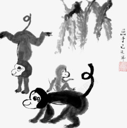 黑色中国风水墨猴子插画素材