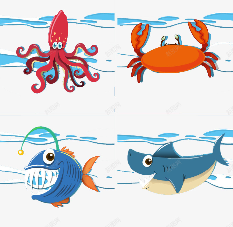 卡通螃蟹虾鲨鱼章鱼png免抠素材_88icon https://88icon.com 卡通 章鱼 虾 螃蟹 鲨鱼