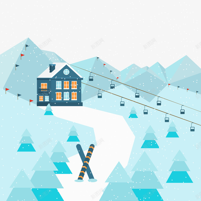 冬日雪景矢量图ai免抠素材_88icon https://88icon.com 几何雪山 缆车 蓝色 雪山 矢量图