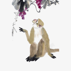 猿猴中国风水墨猴子和水果国画高清图片