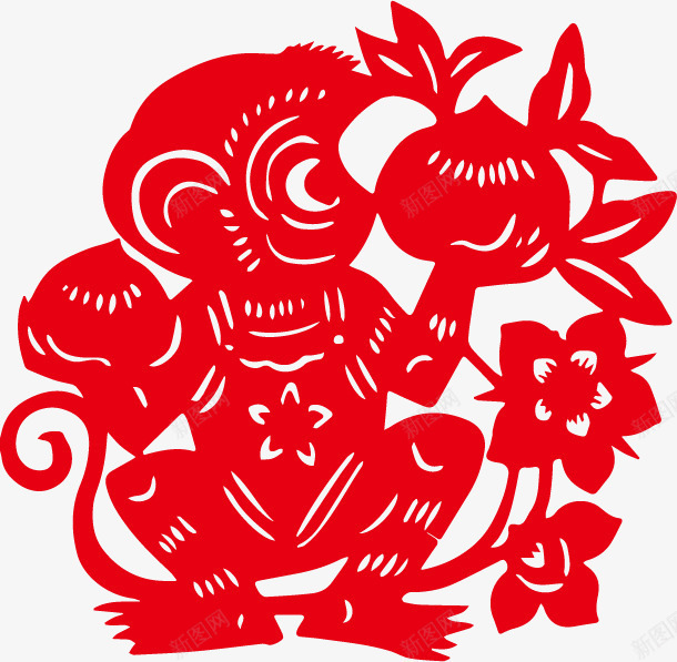 红色猴子剪纸蟠桃png免抠素材_88icon https://88icon.com 剪纸 猴子 红色 蟠桃