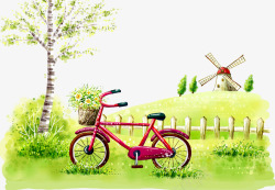 红色卡通自行车和风车素材