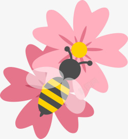 简约粉色花朵蜜蜂图案矢量图素材