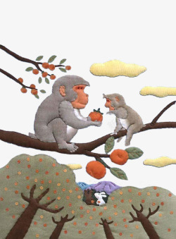 刺绣猴子母子吃桃素材