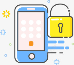 智能手机锁蓝色智能机旁的黄色大锁高清图片