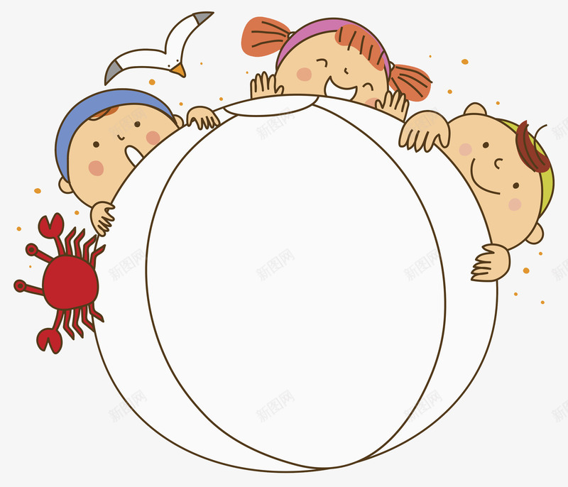 可爱玩耍的孩子png免抠素材_88icon https://88icon.com 卡通 可爱 女孩 小皮球 海鸥 男孩 红色的螃蟹