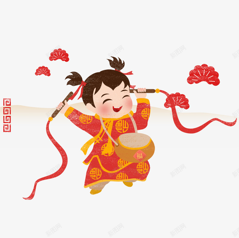 卡通手绘中国风欢庆新年psd免抠素材_88icon https://88icon.com 中国风 卡通 手绘 打鼓 打鼓的小女孩 欢庆新年 跳舞的女孩
