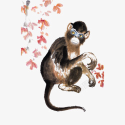 中国风水墨画红叶猴子插画素材