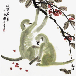 中国风水墨画两只猴子摘水果素材