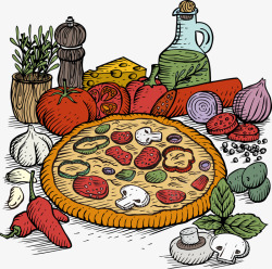 手绘披萨蔬菜材料图案素材