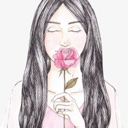 女孩与红玫瑰插画素材