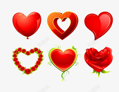 手绘红色玫瑰花各种心形的图标图标