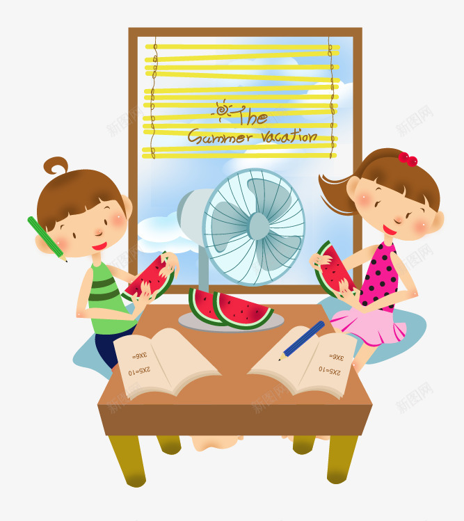 儿童暑假png免抠素材_88icon https://88icon.com 儿童 卡通 女孩 学习 暑假 玩耍 电风扇 男孩 西瓜