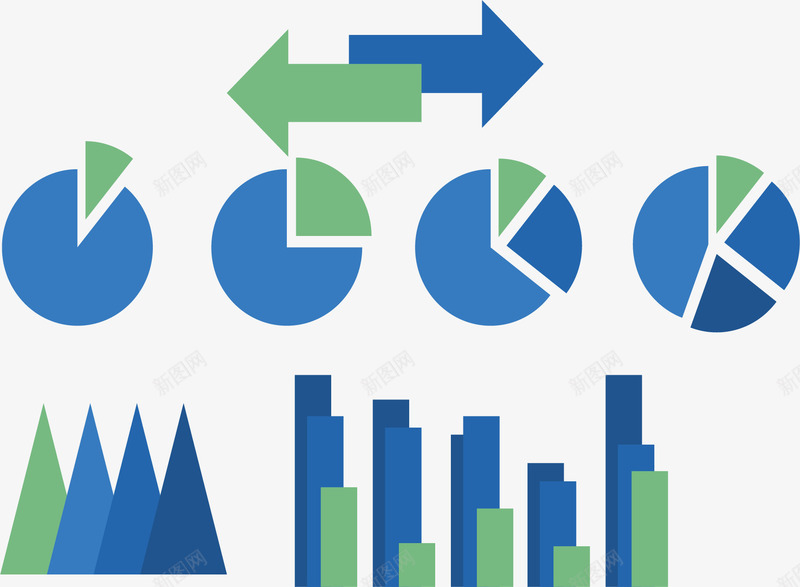 扁平蓝色数据图表矢量图eps免抠素材_88icon https://88icon.com 信息 对比箭头 柱形图 矢量素材 绿色 蓝色 面积图 饼图 矢量图