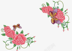 民间刺绣风格蝴蝶月季花卉对角花素材