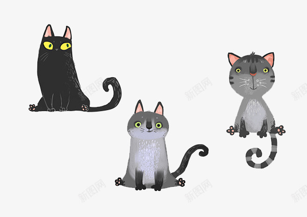 手绘两只灰猫和黑png免抠素材_88icon https://88icon.com 创意插画设计 卡通贺卡封面 手绘插画