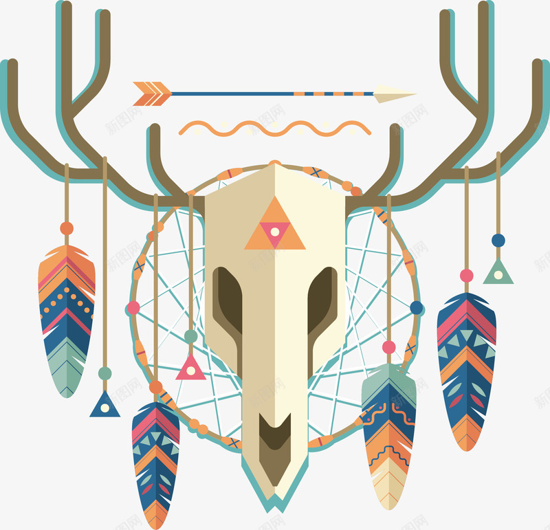 牛头装饰矢量图ai免抠素材_88icon https://88icon.com 卡通有趣 扁平化 植物 牛头像 矢量图 矢量图案 羽毛 艺术品 花朵