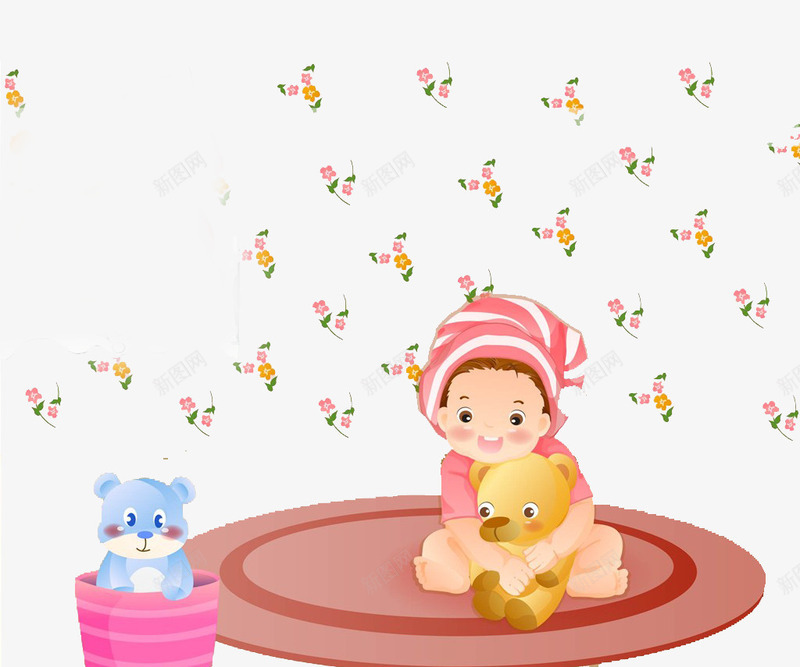 小孩红棉帽子png免抠素材_88icon https://88icon.com 卡通 宝宝吃东西 小熊 抱小熊的小孩 花