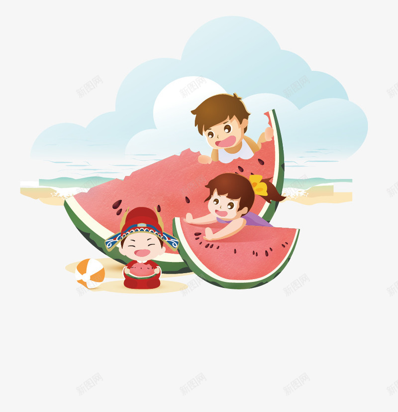 吃西瓜png免抠素材_88icon https://88icon.com 儿童 卡通 夏天 夏日 水彩 沙滩 背景 西瓜