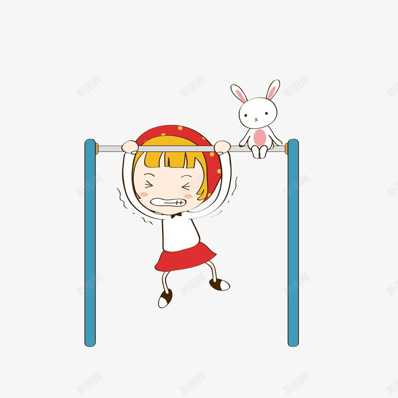 卡通抓着单杆锻炼的女孩png免抠素材_88icon https://88icon.com 卡通小兔 吃力的女孩 吃力表情 坐着的小兔子 坐着的小朋友 小朋友跨越 小朋友跨越单杠 抓东西 抓着单杠 锻炼女孩 高低杠