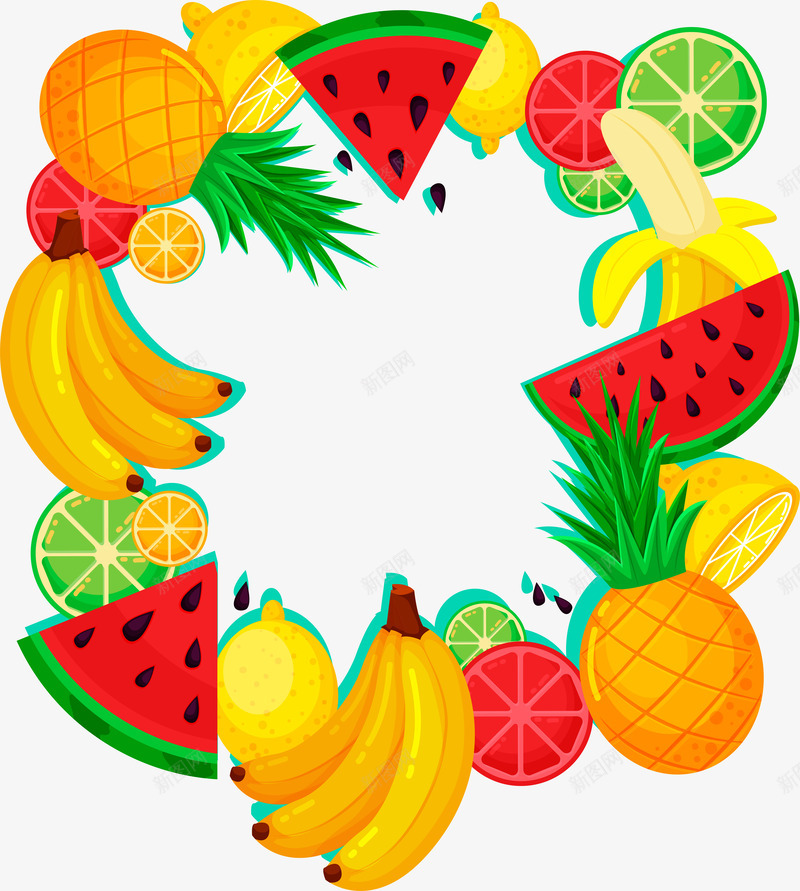 卡通夏季多种水果png免抠素材_88icon https://88icon.com 卡通装饰 多种水果 柠檬片 绿色底纹 菠萝 西瓜 香蕉