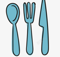 蓝色卡通勺子刀子叉子西餐素材