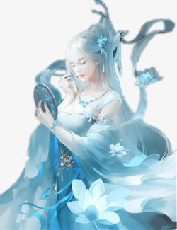 对镜梳妆的蓝衣仙女古风手绘素材