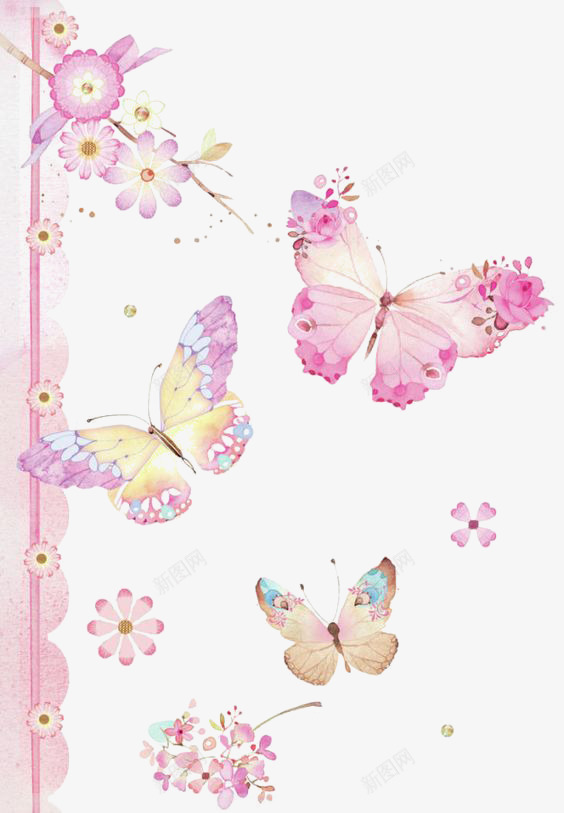 手绘粉色蝴蝶背景png免抠素材_88icon https://88icon.com 动物元素 粉色 背景装饰 蝴蝶 鲜花