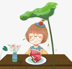 夏季小清新卡通吃西瓜的小女孩素材