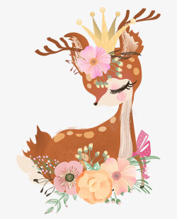 手绘卡通可爱小鹿花卉装饰素材