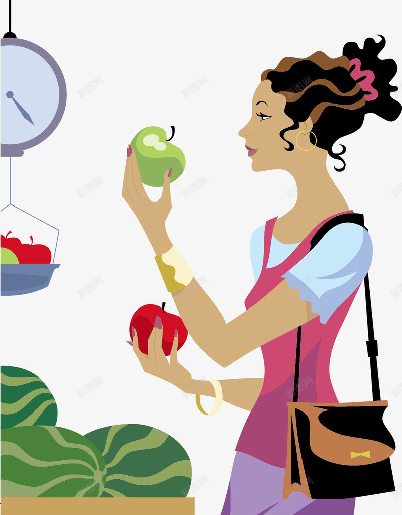 水果店买苹果的女孩卡通插画png免抠素材_88icon https://88icon.com 卷发美女 女孩卡通矢量插画 水果店 苹果 西瓜