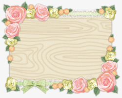 手绘木纹相框标牌玫瑰花边角素材