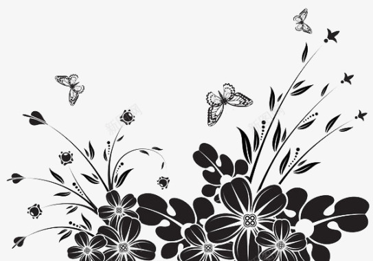 水彩手绘植物黑色花卉蝴蝶图标图标