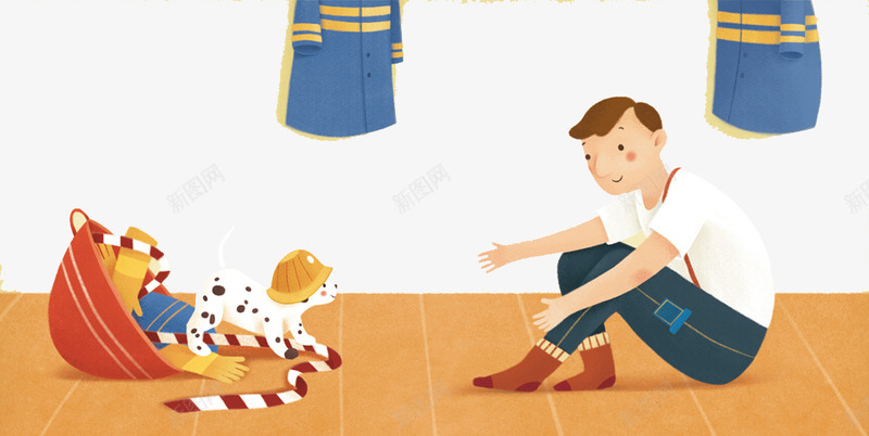 跟狗狗玩耍的消防psd免抠素材_88icon https://88icon.com 创意设计 卡片封面 手绘插画