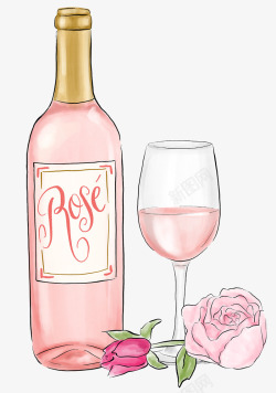 一瓶酒卡通手绘花朵与酒高清图片