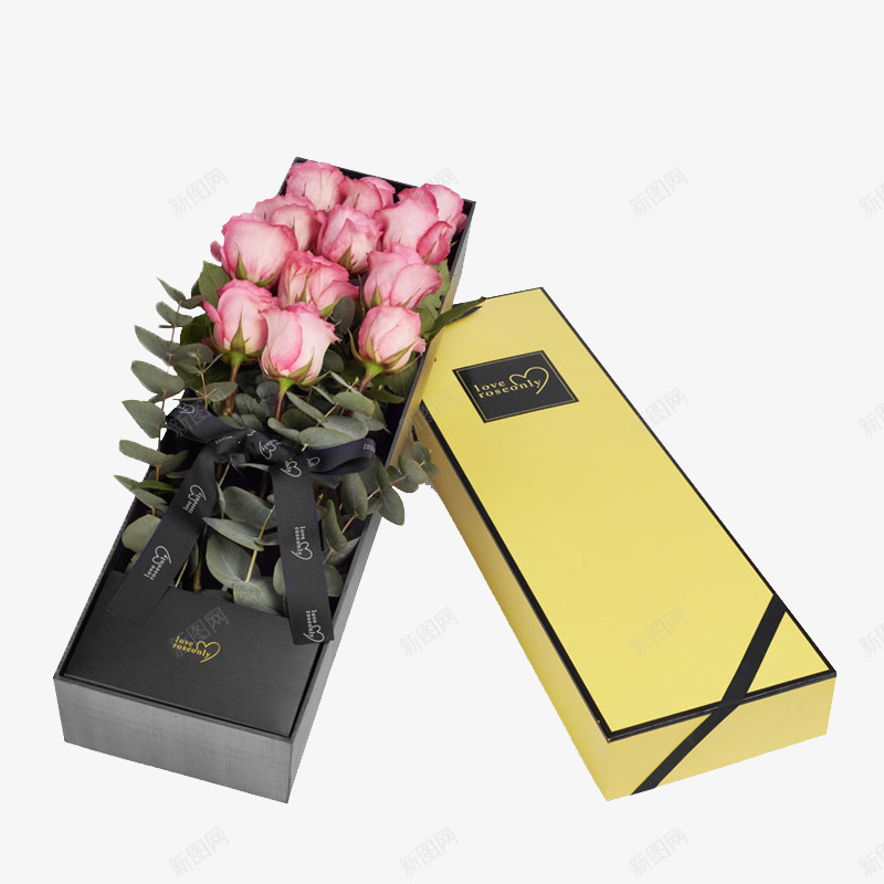 黄色花盒png免抠素材_88icon https://88icon.com png图片 一束花 产品实物 礼盒 粉色玫瑰花 花盒
