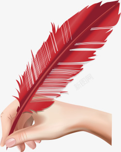 拿着笔的手里拿着红色羽毛笔高清图片